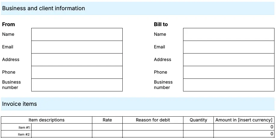 Debit invoice template
