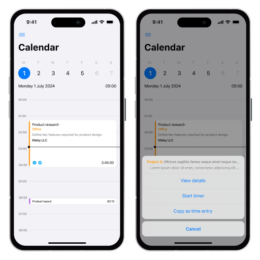 App de control del tiempo para iPhone: captura de pantalla del calendario