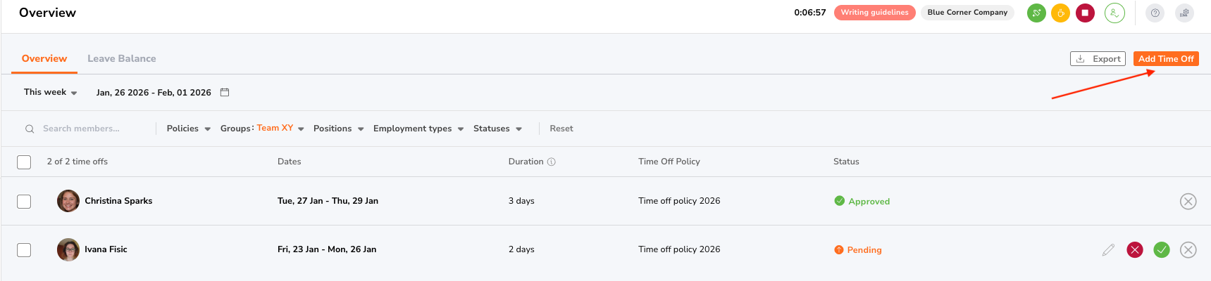 Time off &mdash; Add time off button