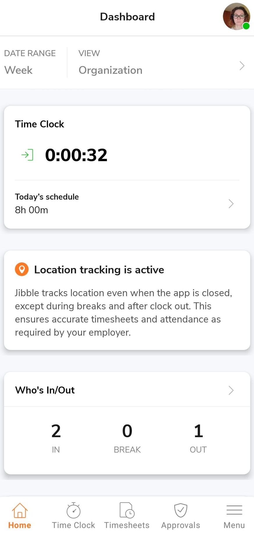 Jibble homepage on its mobile app