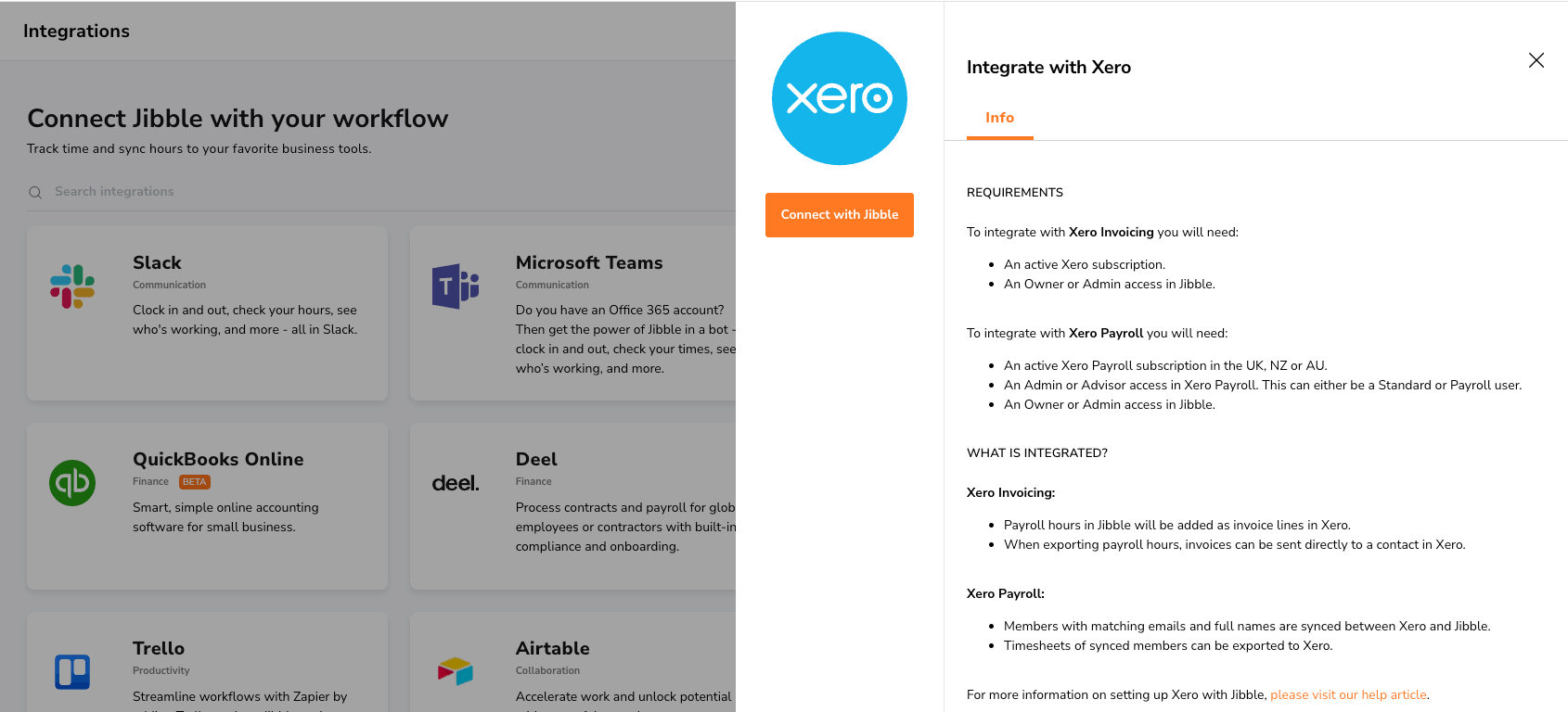 Jibble's integration with Xero