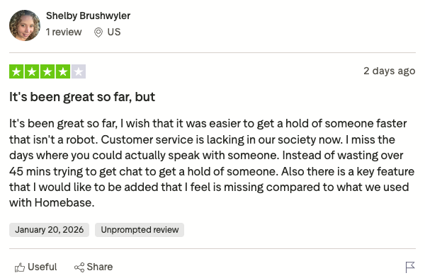 Jibble user review on Trustpilot