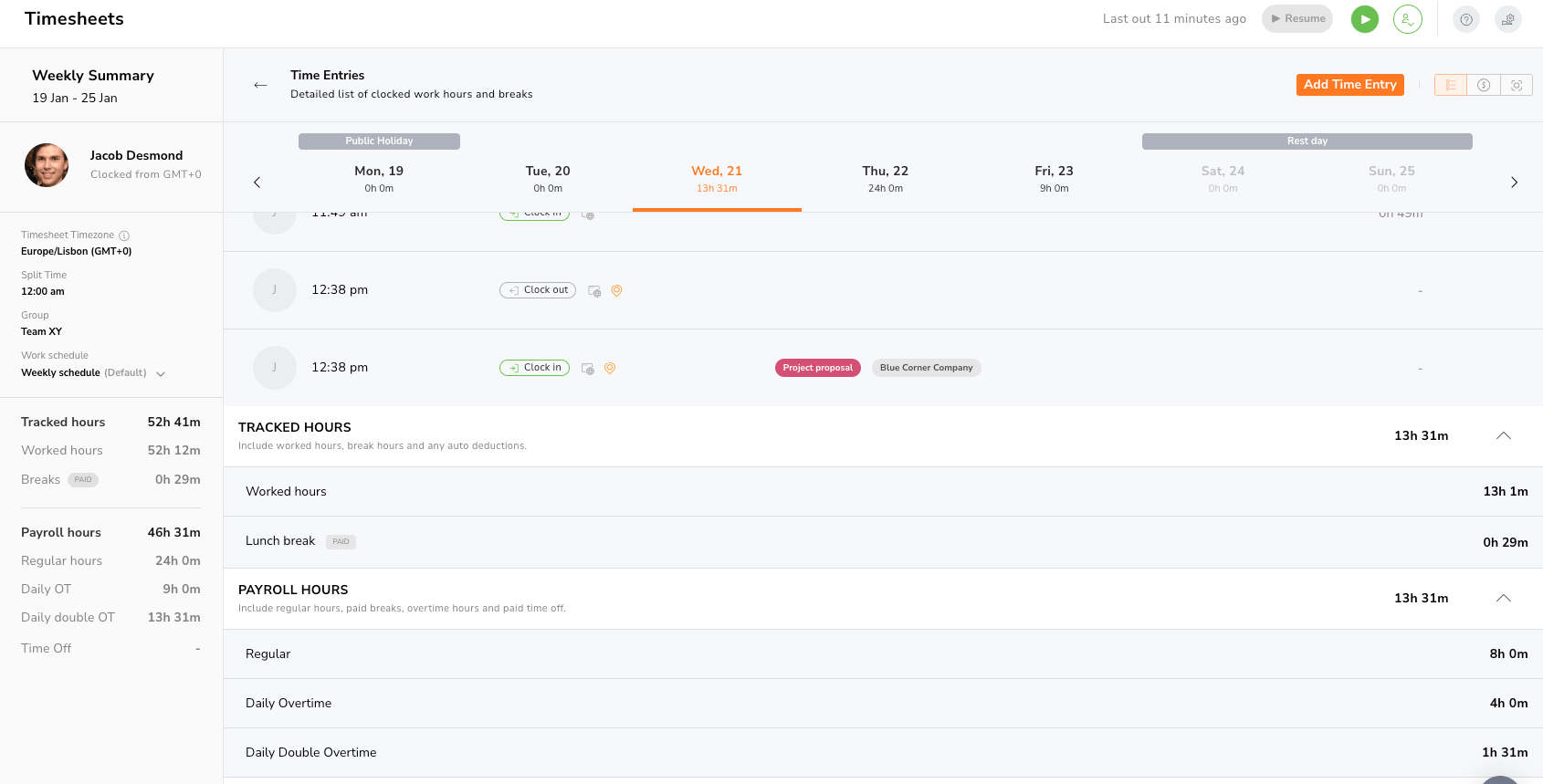 Payroll hours in timesheets