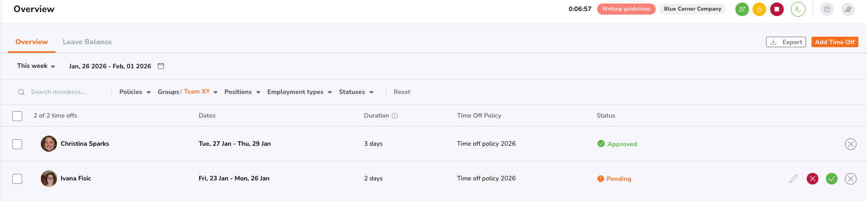 Time off overview in Jibble