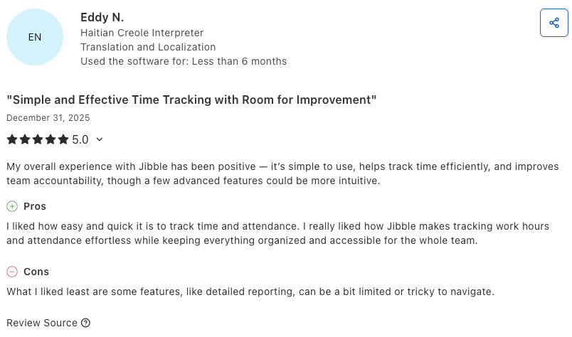 User review on Capterra &mdash; time tracking and attendance