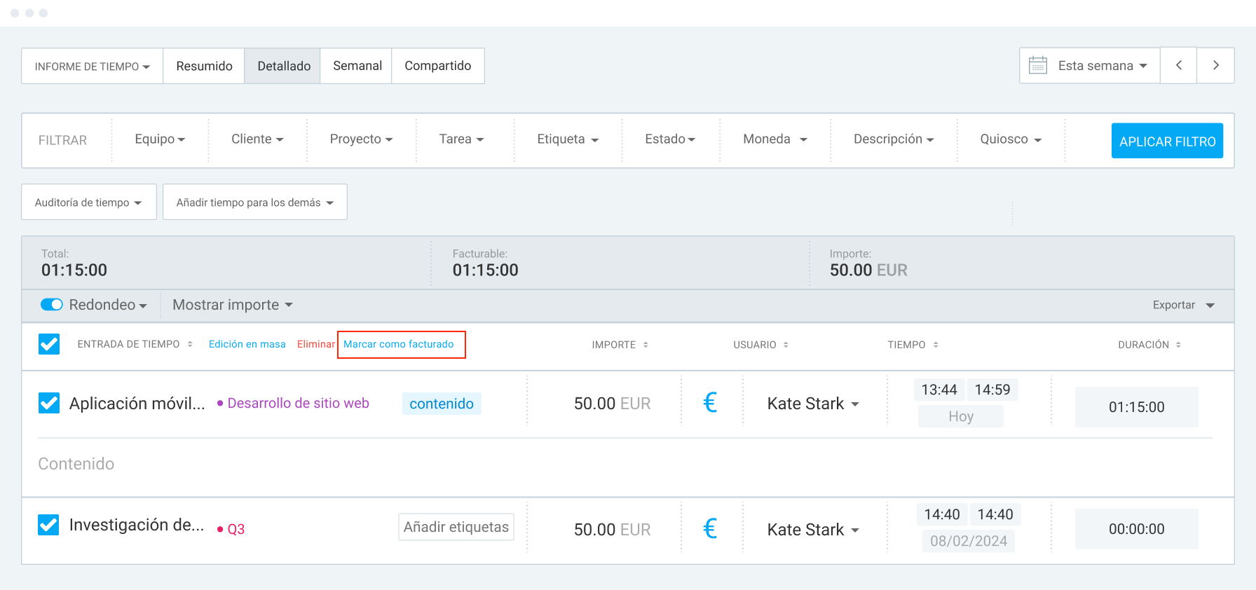 Marcar las entradas de tiempo como facturadas en Clockify