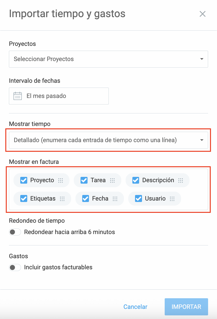 Importar tiempo y gastos a una factura en Clockify