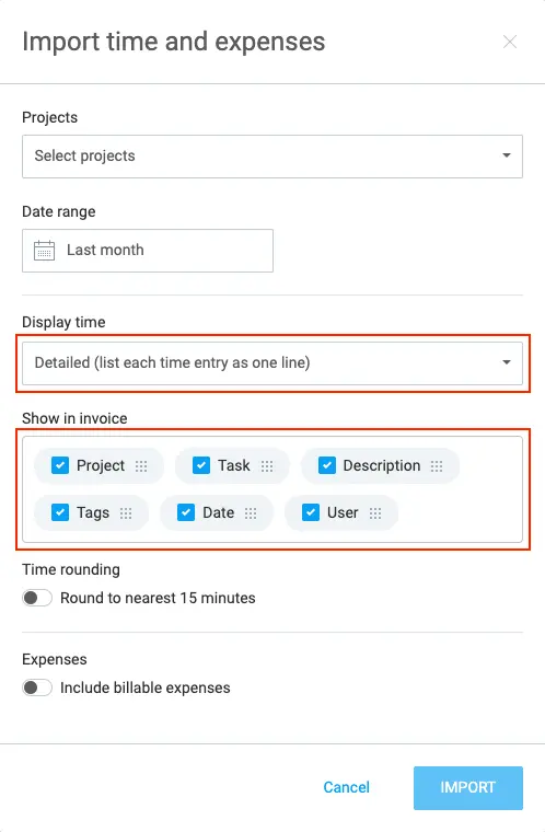 Importing time and expenses to an invoice in Clockify