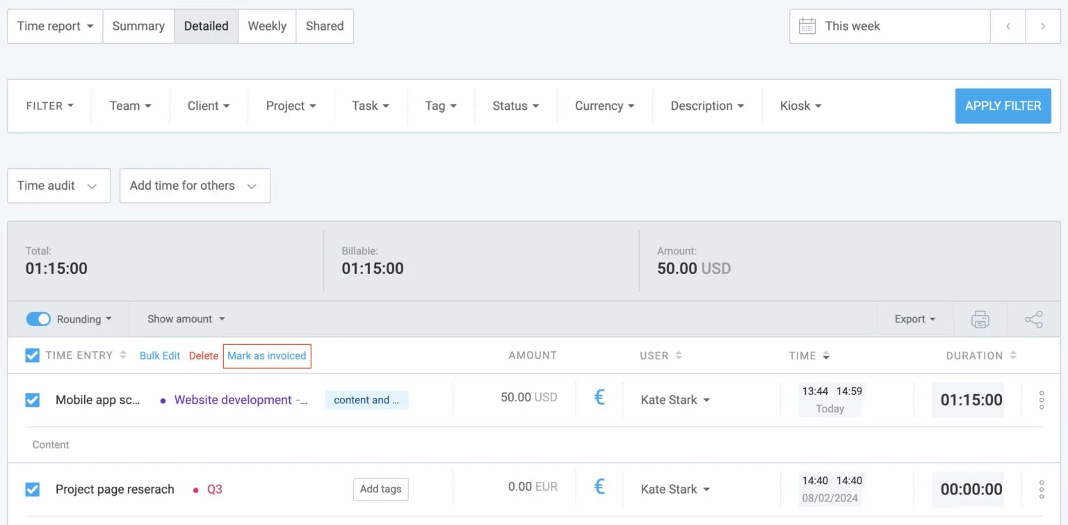 Marking time entries as invoiced in Clockify