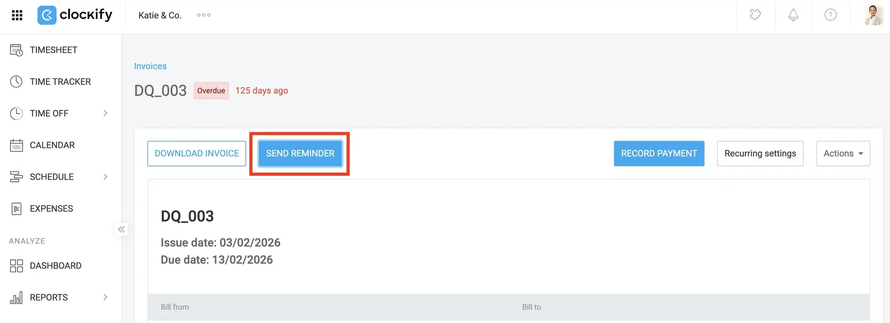 Single-click invoice reminders in Clockify
