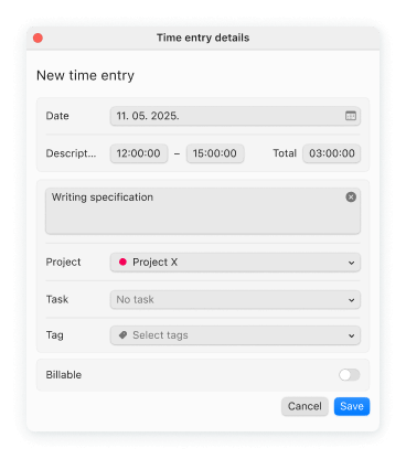 Mac Zeiterfassung-App Screenshot von Bearbeitungsdetails