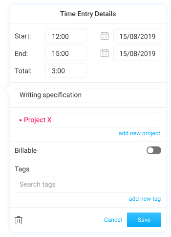 Captura de tela dos detalhes de edição no aplicativo de rastreamento de tempo para Mac