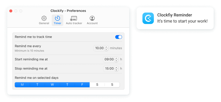 Turn on time tracking reminders in Preferences