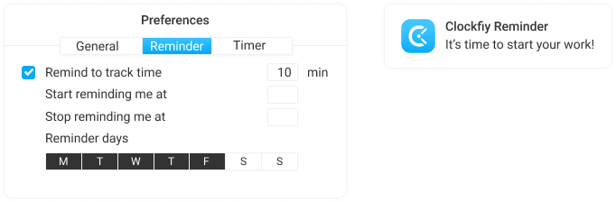 Turn on time tracking reminders in Preferences