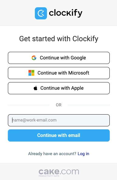 Sign up for Clockify using your Google, Microsoft, or Apple account