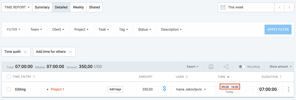 Clockify’s detailed report