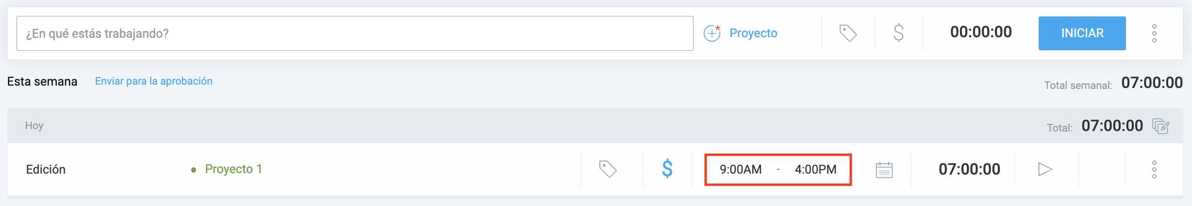 Entradas de tiempo en Clockify