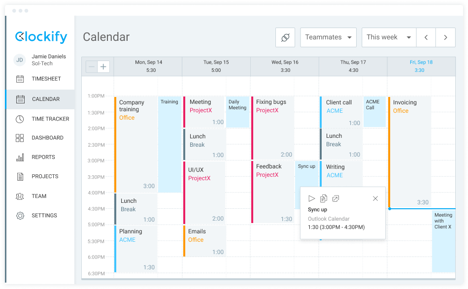 Captura de tela da integração de rastreamento de tempo do Outlook