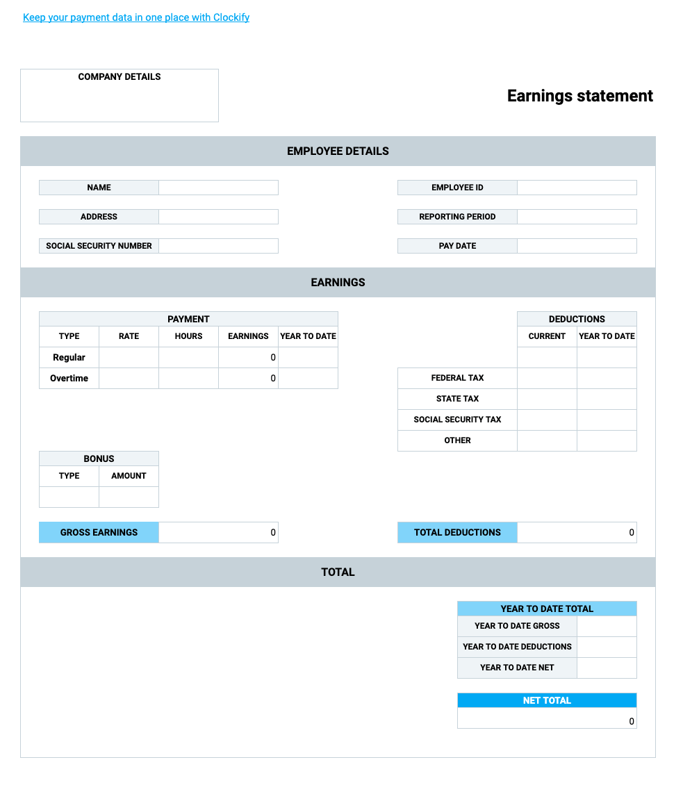 Pay stub Template with overtime and calculator