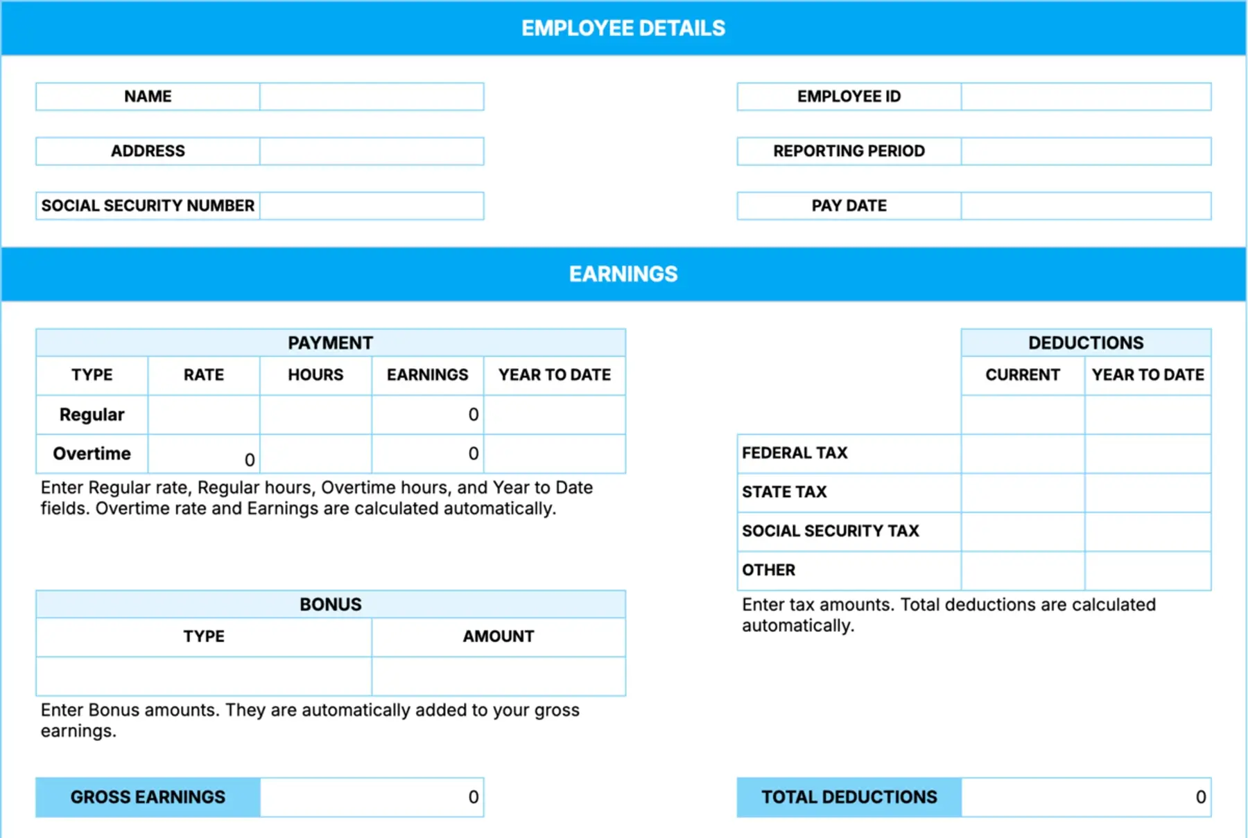 Pay stub template with overtime and calculator
