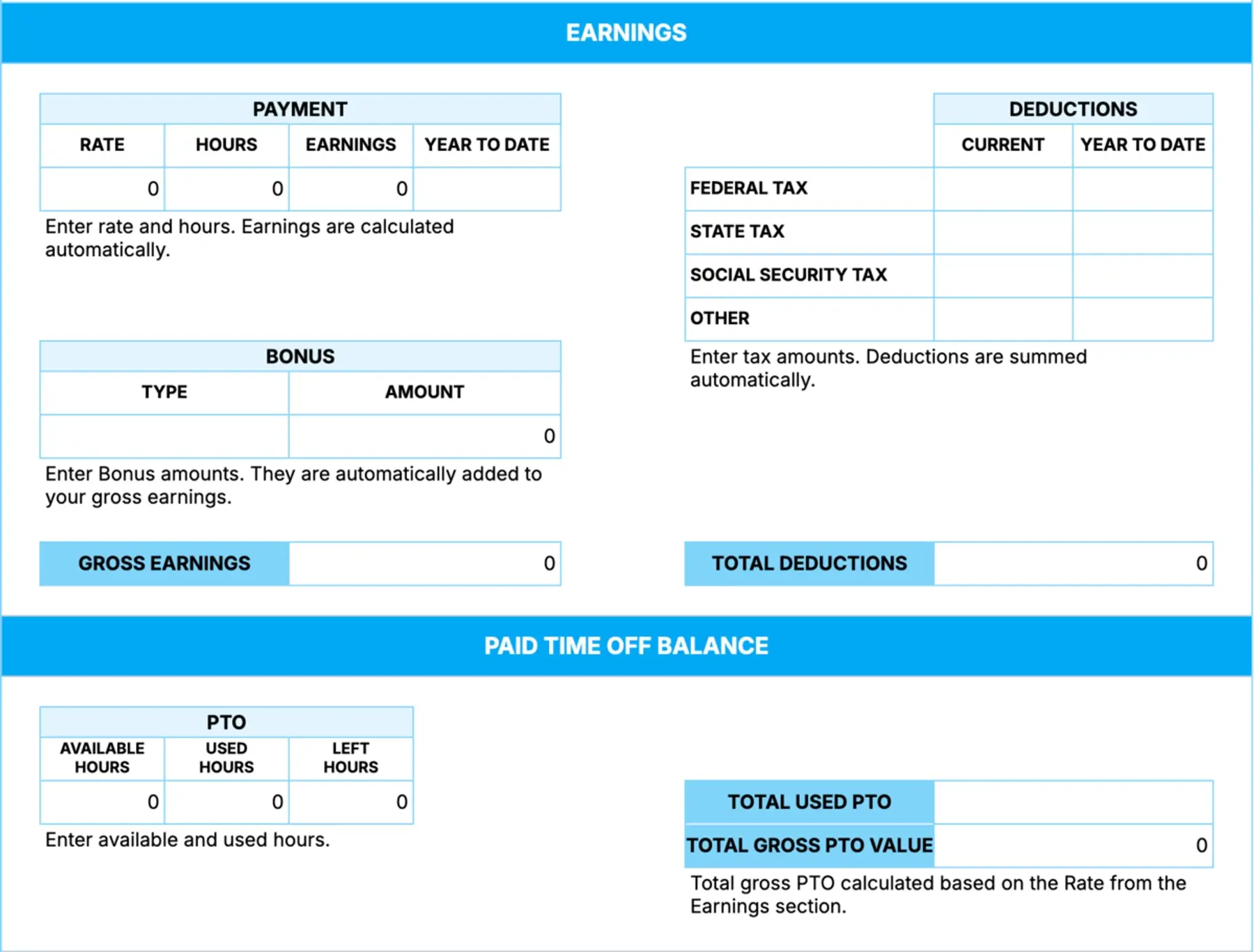 Pay stub template with pto and calculator