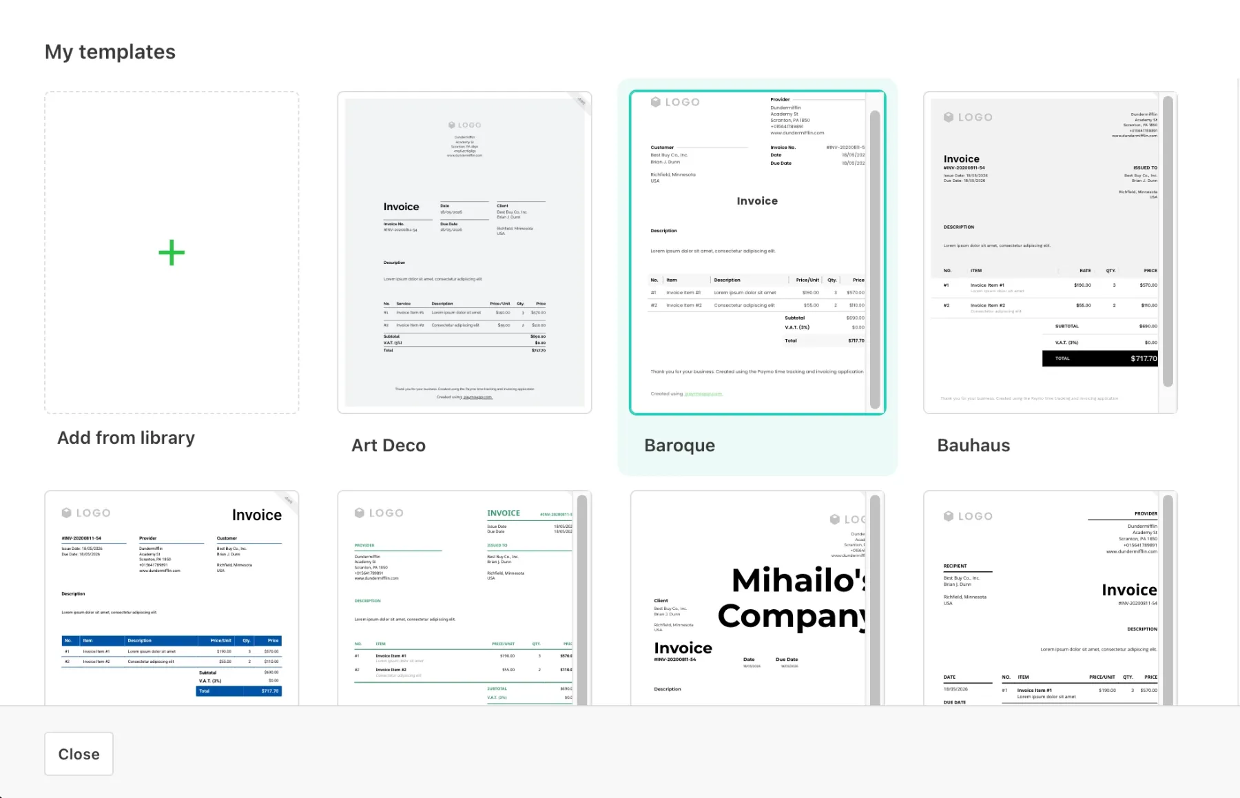 Custom invoice templates in Paymo