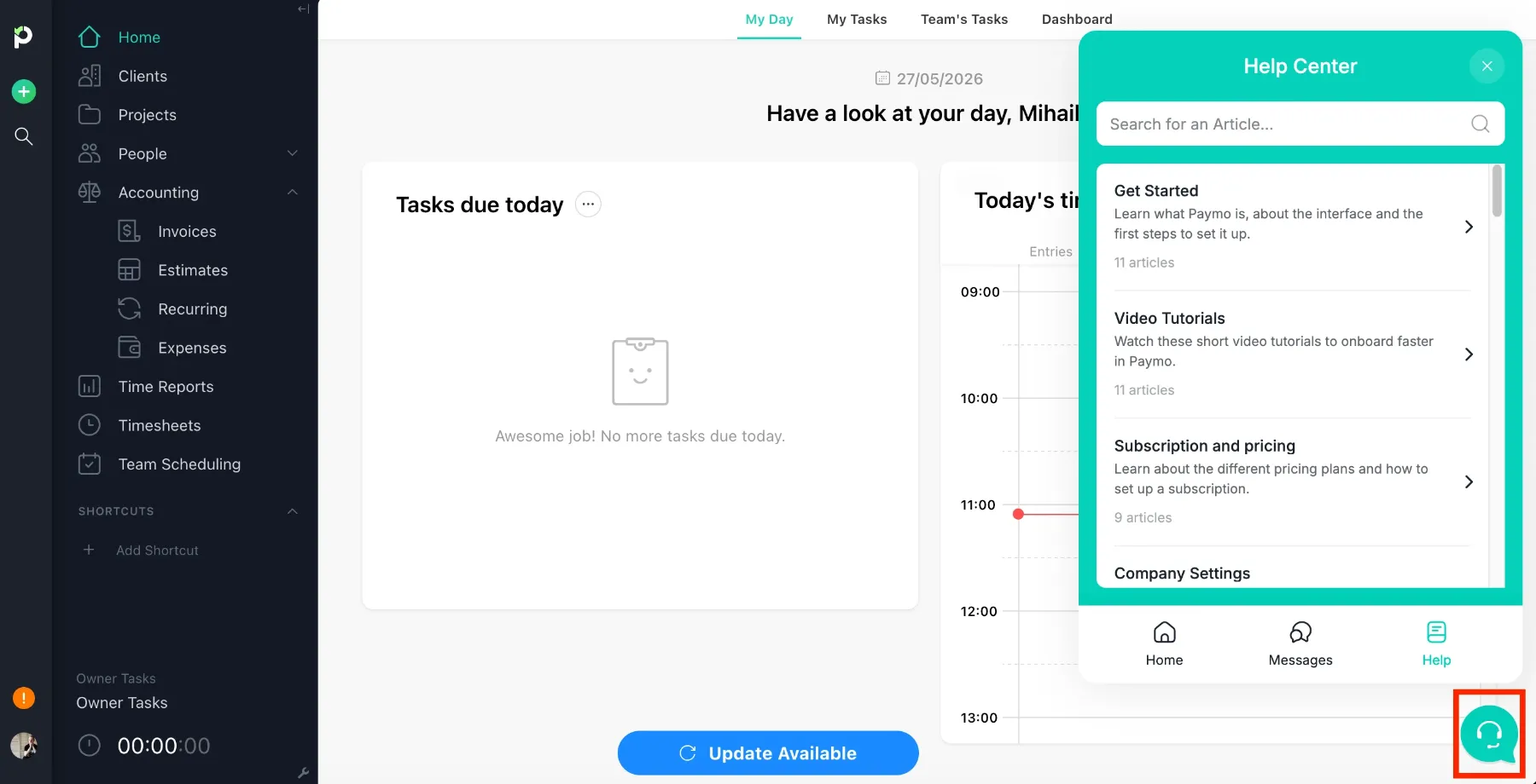 Customer support in Paymo