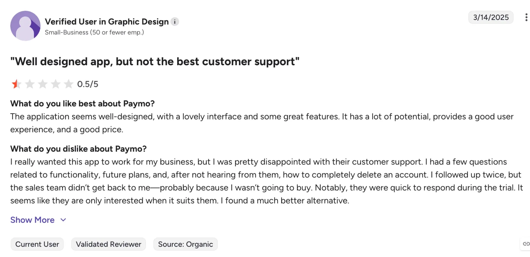 G2 user review citing problematic customer support in Paymo