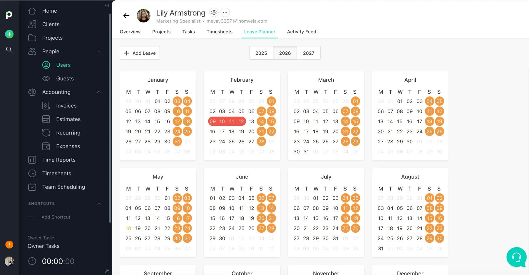 Leave planner in Paymo