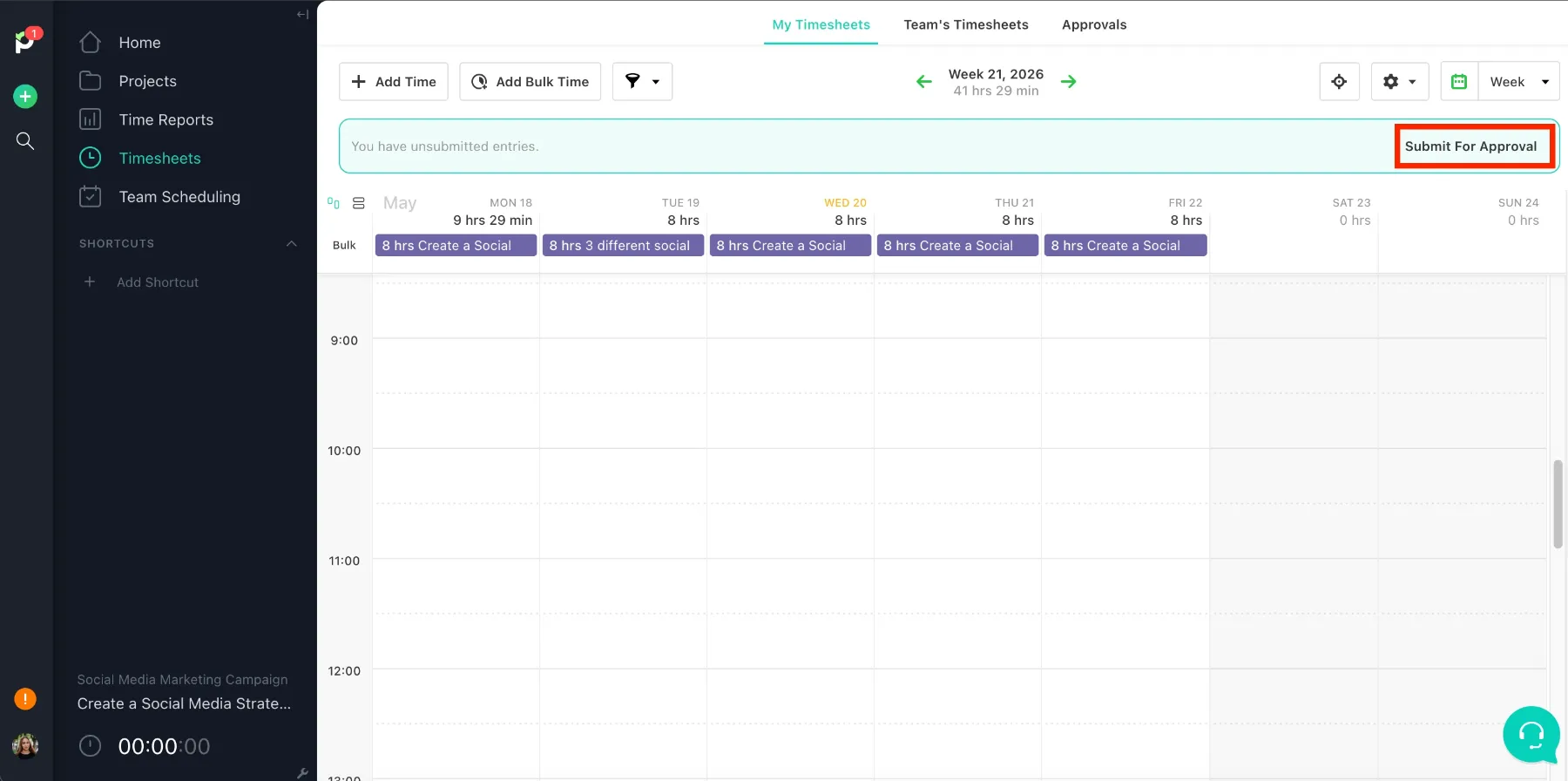 Submitting timesheets for approval in Paymo
