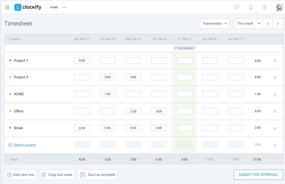 Tracking daily activities by the hour in Clockify
