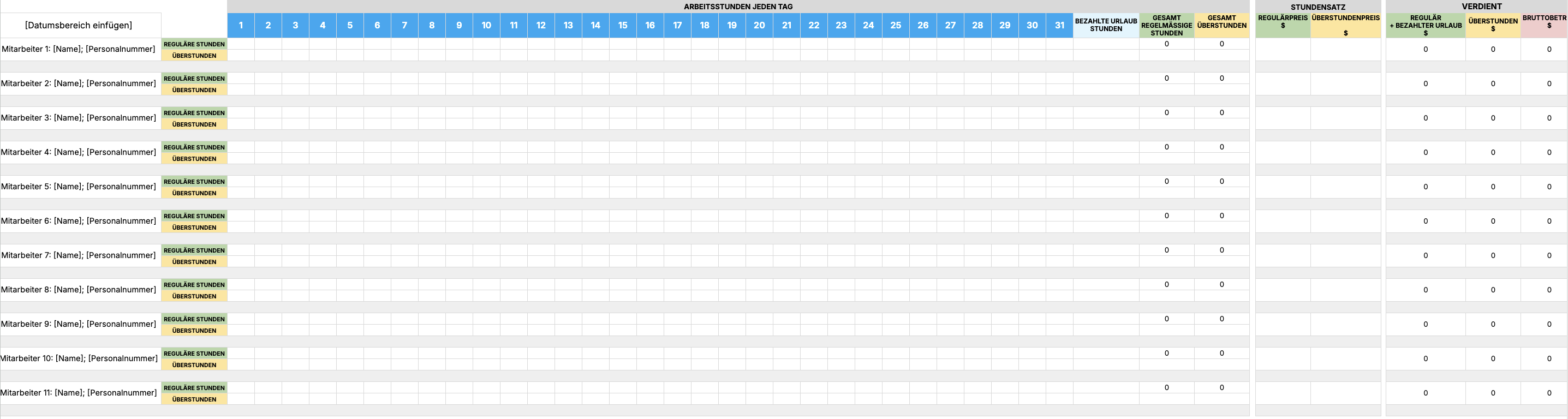 Monthly Payroll Template with overtime and PTO