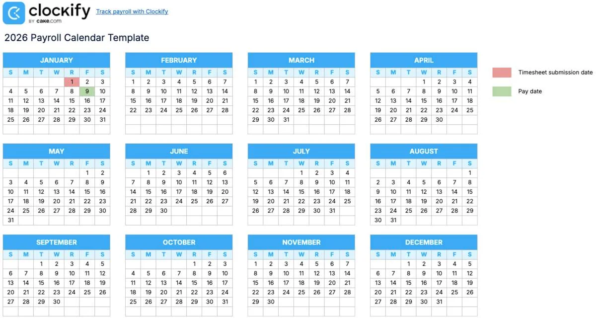 Payroll calendar template