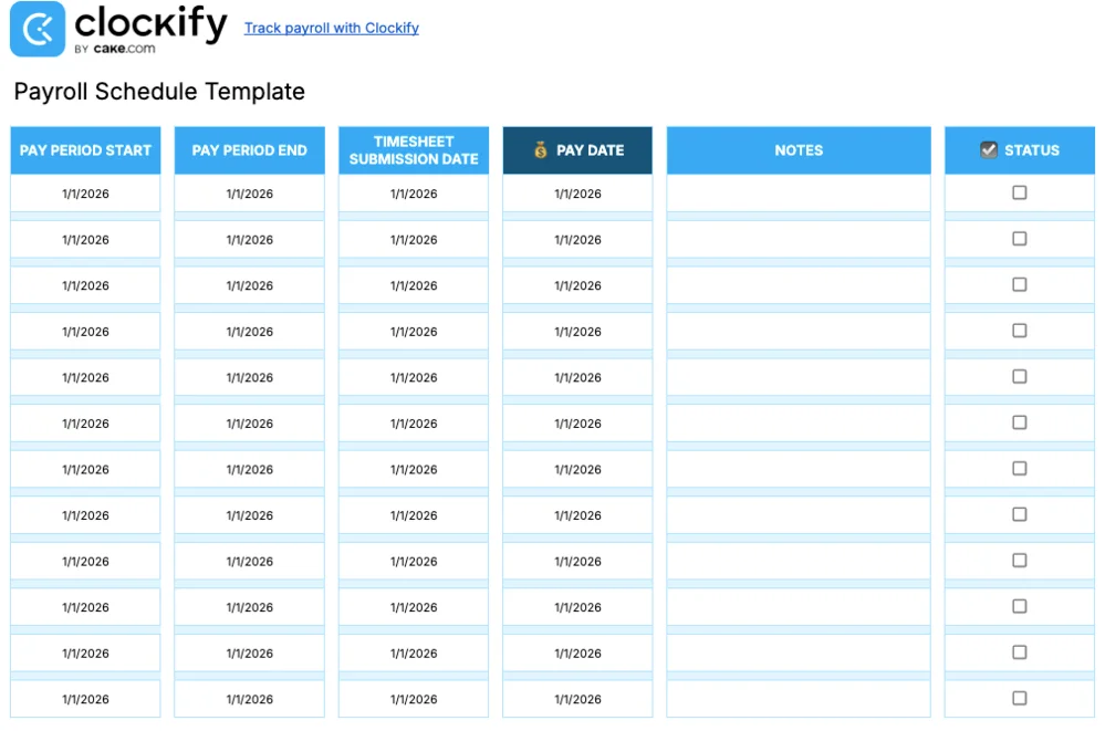 Payroll schedule template
