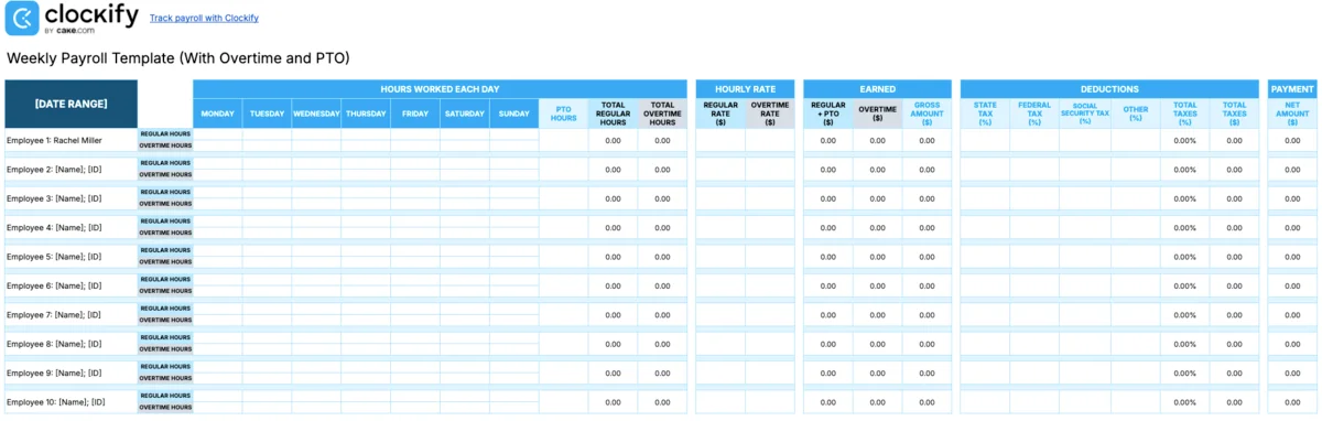 Payroll templates with overtime and PTO