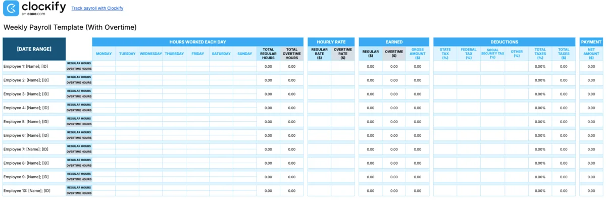 Payroll templates with overtime