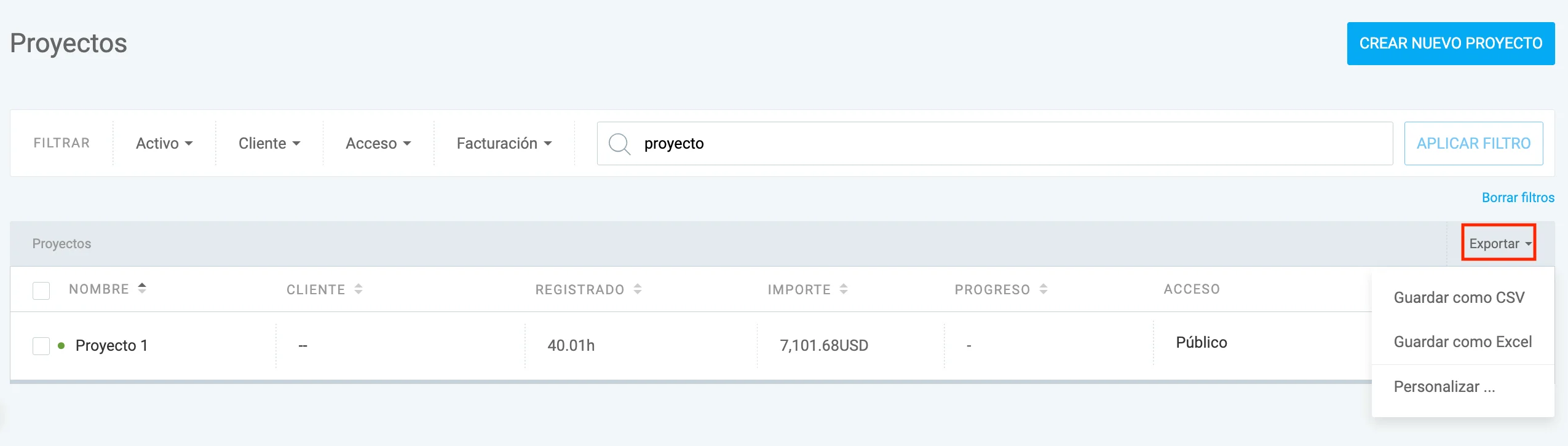 Exporta proyectos en formatos CSV y/o Excel