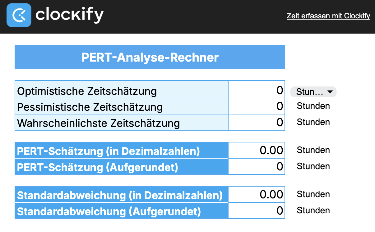 PERT analysis calculator by Clockify