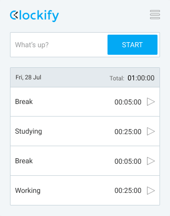 Pomodoro timer - list of work and break sessions