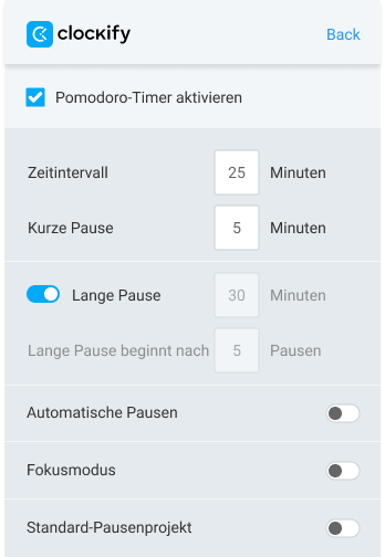 Pomodoro-Timer - Pomodoro-Timer-Einstellungen