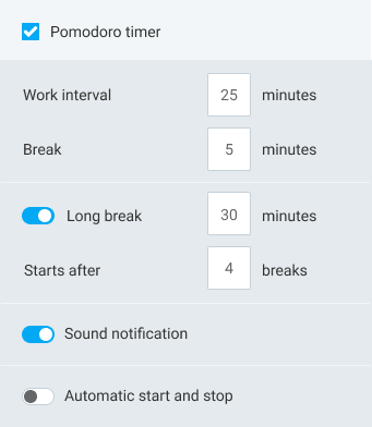 Cronômetro Pomodoro - configurações