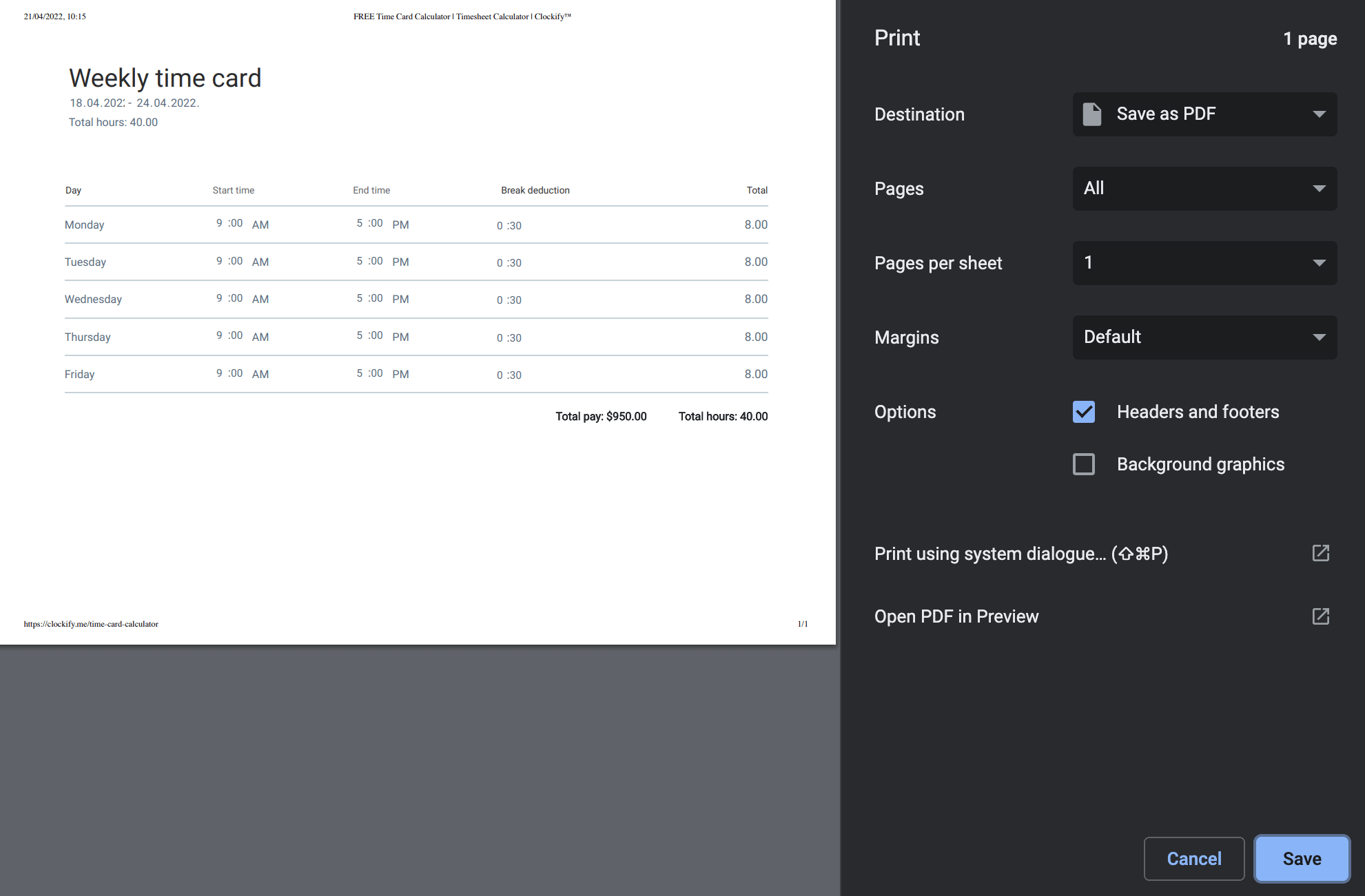 Imprimir/baixar os dados da calculadora de cartão de ponto