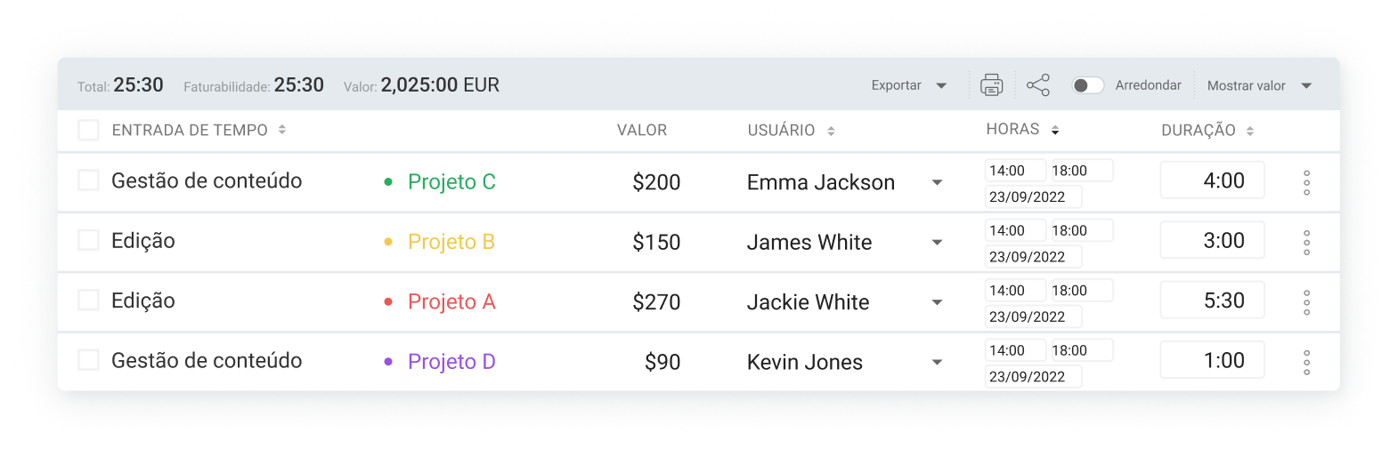 Registros de tempo faturável e não faturável no Clockify