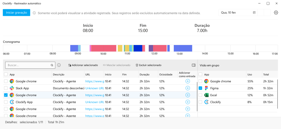 Rastreador automático no Clockify