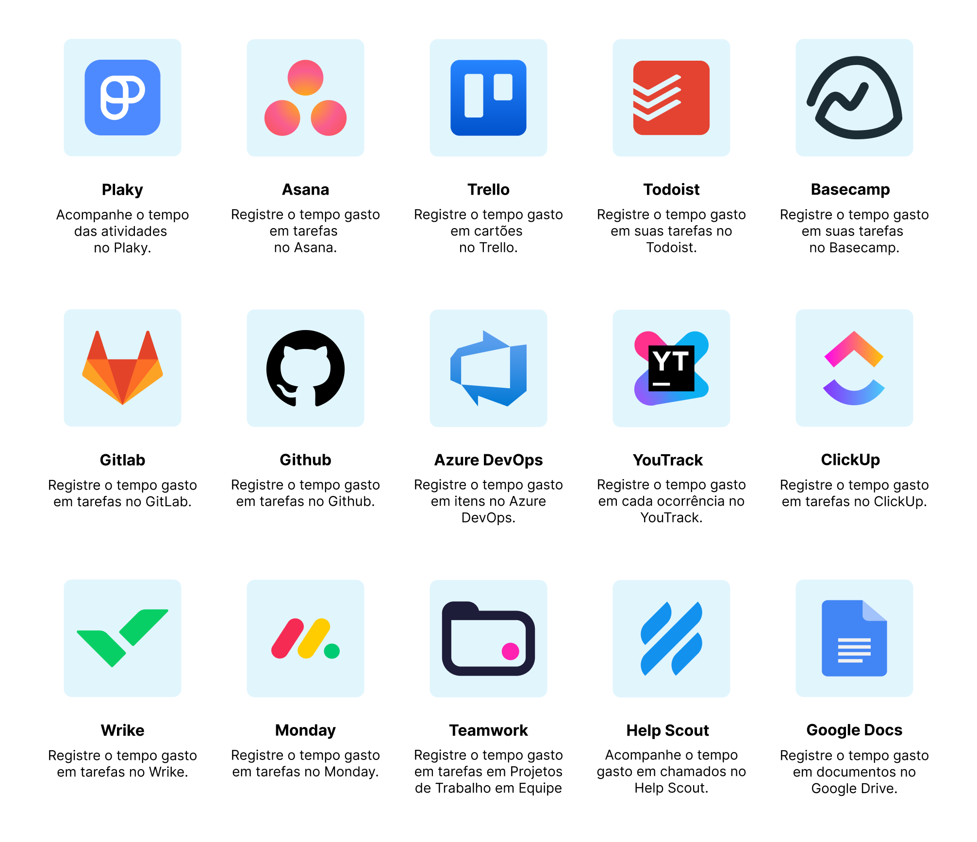 Algumas das muitas integrações do Clockify