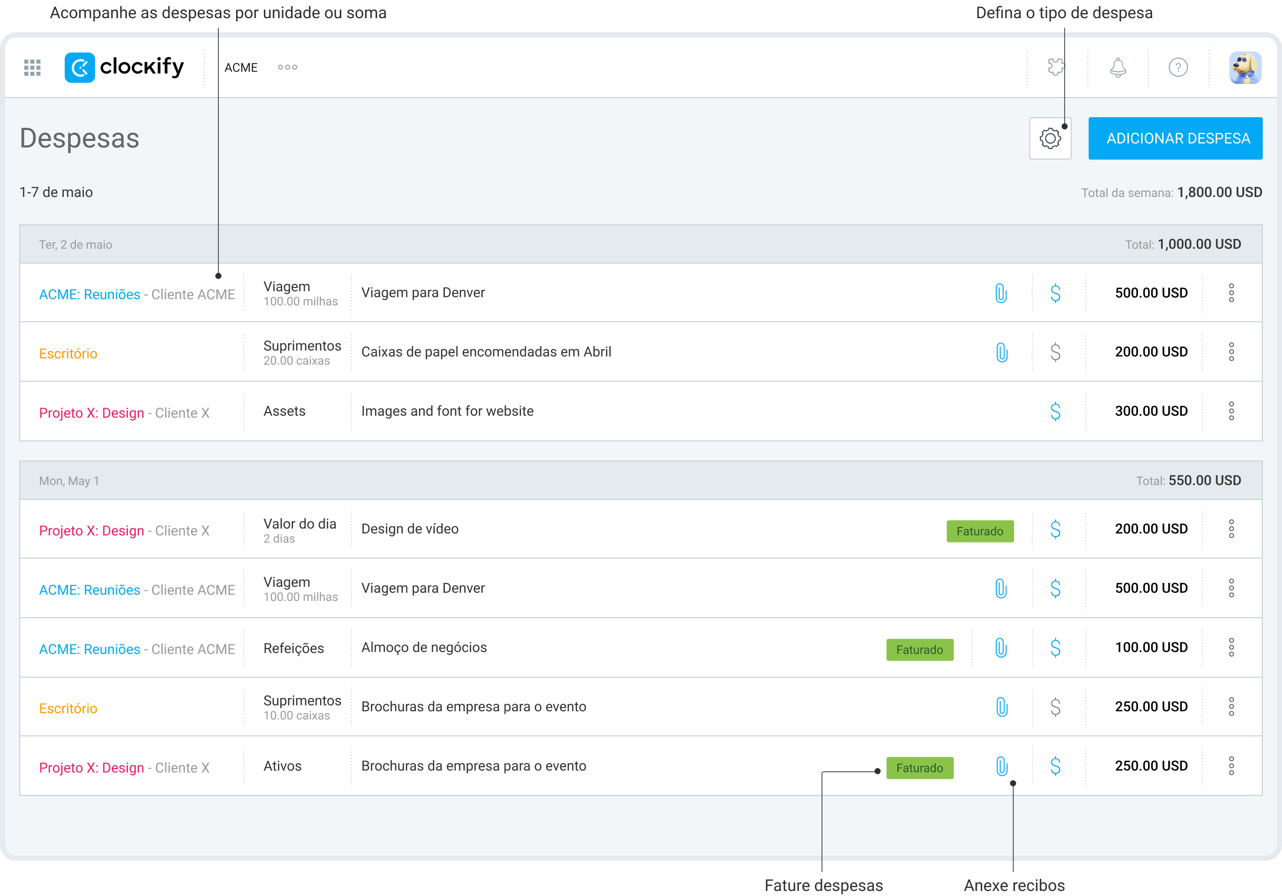 Use relatórios de despesas para acompanhar seus  gastos no Clockify