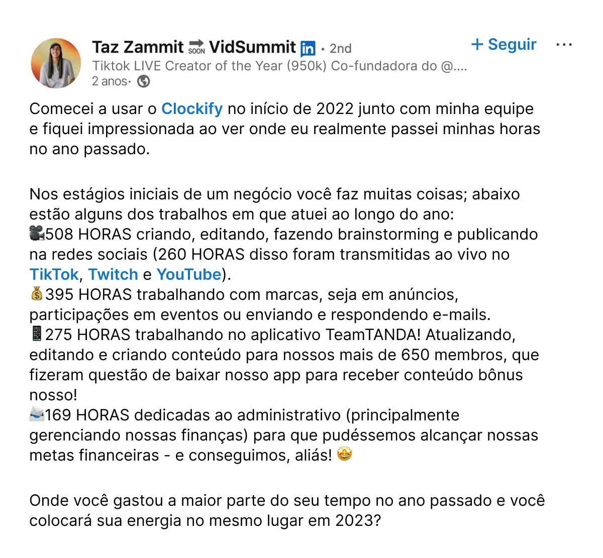 Post da Taz no LinkedIn