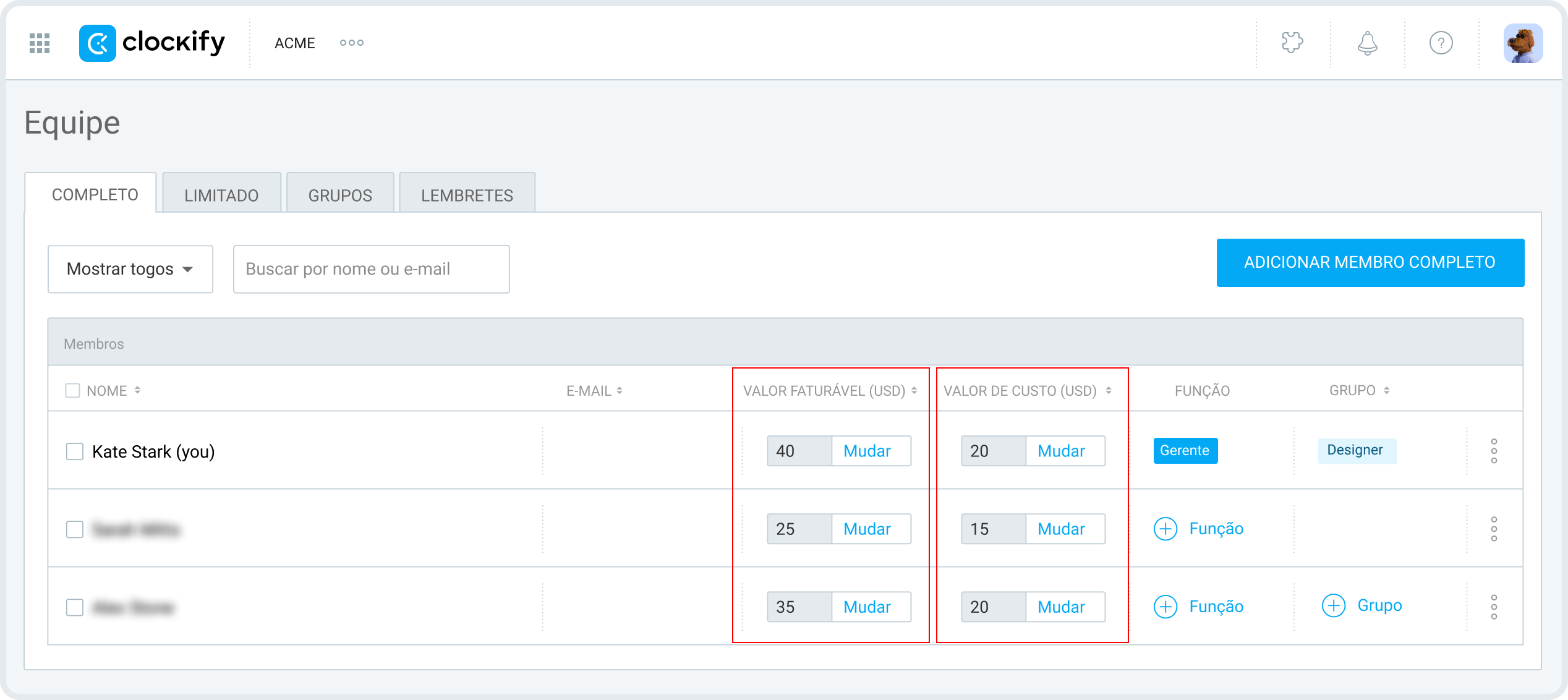 Definindo tarifas faturáveis ​​no Clockify