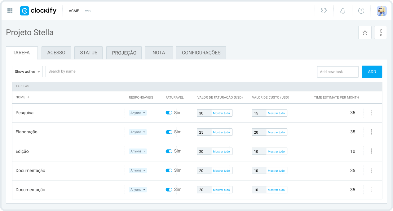 Rastreamento de tempo da equipe com o Clockify