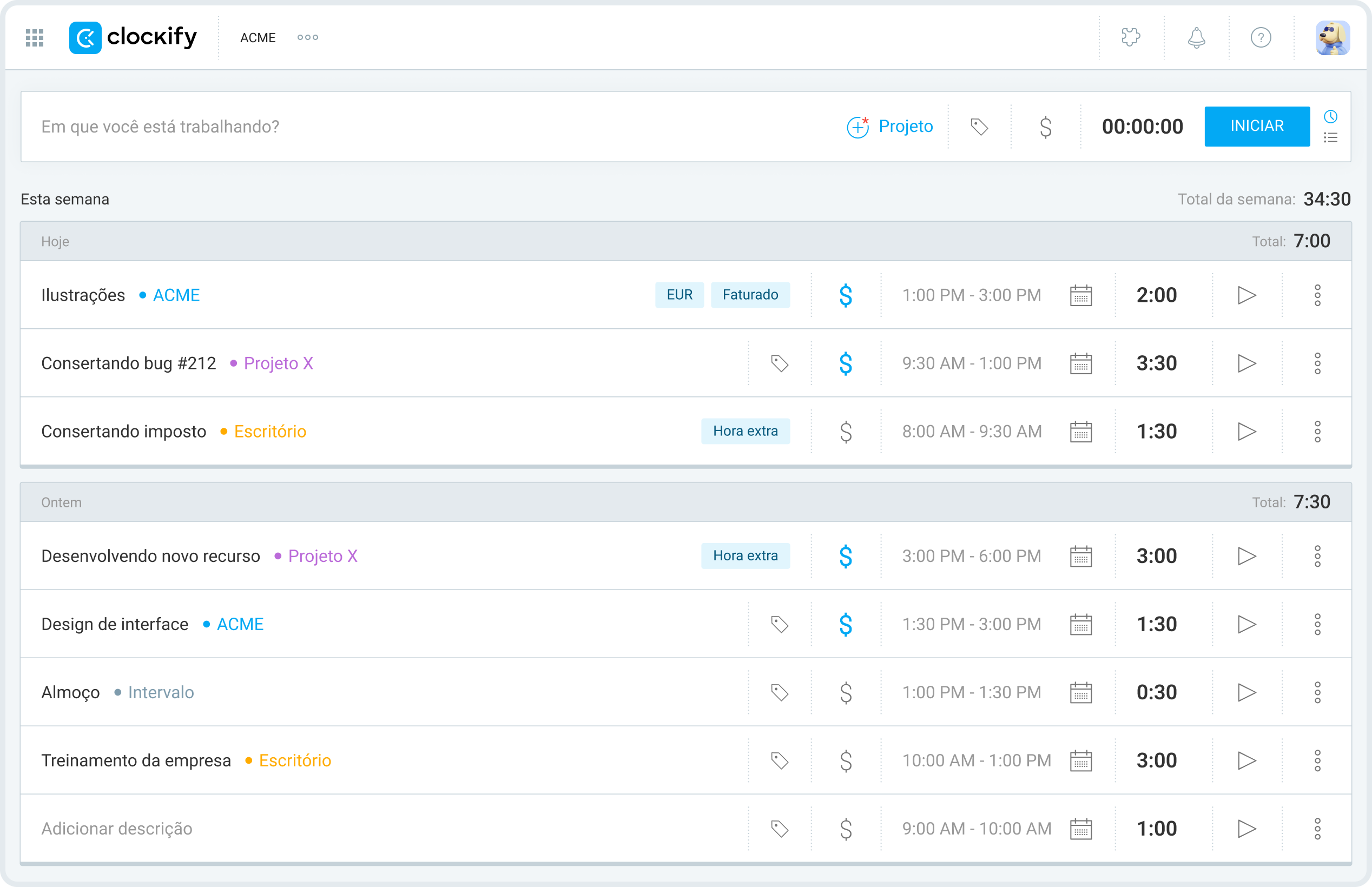Cronômetro no Clockify